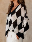 Women Black White Argyle Hollow Knit Top, V Neck Long Sleeve Loose Casual Sweater Blouse ZMZ1294H9YZH