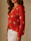 Women Polka Dot Hollow Knit Sweater, V Neck Long Sleeve Loose Casual Mesh Knit Blouse ZMZ1231H4YZH