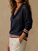 Women Cowl Neck Hollow Knit Top, Striped Cuff Hem Long Sleeve Loose Mesh Knit Blouse ZMZ1237H9YZH