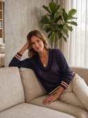 Women Cowl Neck Hollow Knit Top, Striped Cuff Hem Long Sleeve Loose Mesh Knit Blouse ZMZ1237H9YZH