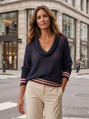 Women Cowl Neck Hollow Knit Top, Striped Cuff Hem Long Sleeve Loose Mesh Knit Blouse ZMZ1237H9YZH