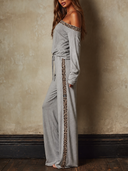 Women Off Shoulder Leopard Trim Loungewear Set, Long Sleeve Top & Drawstring Wide Leg Pants 2 Piece Pajama Outfit ZMZ1319H7YZH