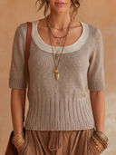 Women U‑Neck Contrast Trim Short Sleeve Knit Top, Boho Elastic Waist Slim Fit Pullover Sweater For Autumn ZMZ1746H5YZH