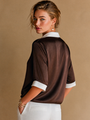 Women's Satin V-Neck Color-Block Short-Sleeve Shirt ZMZ1096H6XT