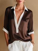 Women's Satin V-Neck Color-Block Short-Sleeve Shirt ZMZ1096H6XT
