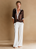 Women's Satin V-Neck Color-Block Short-Sleeve Shirt ZMZ1096H6XT