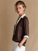 Women's Satin V-Neck Color-Block Short-Sleeve Shirt ZMZ1096H6XT