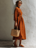 Women's Mock-Neck Long-Sleeve Linen Midi Dress ZMZ1093H4XT
