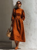 Women's Mock-Neck Long-Sleeve Linen Midi Dress ZMZ1093H4XT