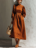 Women's Mock-Neck Long-Sleeve Linen Midi Dress ZMZ1093H4XT
