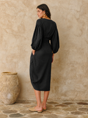 Women's Cotton-Linen Lantern-Sleeve Midi Dress ZMZ1066H3XT