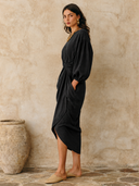 Women's Cotton-Linen Lantern-Sleeve Midi Dress ZMZ1066H3XT