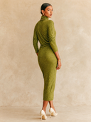 Women's High-Neck Long-Sleeved Bamboo Pattern Knit Midi Dress ZMZ1340H5XT