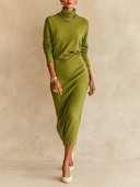 Women's High-Neck Long-Sleeved Bamboo Pattern Knit Midi Dress ZMZ1340H5XT