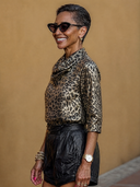 Women's Leopard Print Cowl Neck 3/4 Sleeve Shirt ZMZ1776H0XT