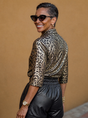 Women's Leopard Print Cowl Neck 3/4 Sleeve Shirt ZMZ1776H0XT