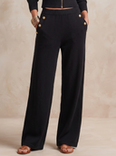 Women High Waist Knit Wide Leg Pants, Gold Decor Button Elastic Waist Casual Trousers With Pockets For Fall ZMZ1703H9YZH
