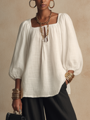 Women Square Neck Tie Front Blouse, 3/4 Lantern Puff Sleeve Textured Loose Bohemian Top ZMZ1738H9YZH