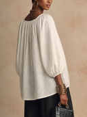 Women Square Neck Tie Front Blouse, 3/4 Lantern Puff Sleeve Textured Loose Bohemian Top ZMZ1738H9YZH