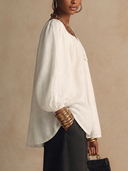 Women Square Neck Tie Front Blouse, 3/4 Lantern Puff Sleeve Textured Loose Bohemian Top ZMZ1738H9YZH