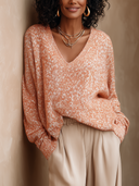 Women V‑Neck Marled Knit Sweater, Oversized Long Sleeve Loose Fall Pullover Top ZMZ1701H4YZH