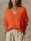Women Bright Orange V‑Neck Loose Knit Sweater, Long Sleeve Slouchy Hollow Out Fall Pullover Top ZMZ1736H2YZH