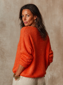 Women Bright Orange V‑Neck Loose Knit Sweater, Long Sleeve Slouchy Hollow Out Fall Pullover Top ZMZ1736H2YZH