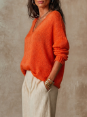 Women Bright Orange V‑Neck Loose Knit Sweater, Long Sleeve Slouchy Hollow Out Fall Pullover Top ZMZ1736H2YZH