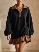 Women Color Block Polo Collar Sweatshirt Dress, Long Sleeve Oversized Ruffle Hem Mini Dress For Fall ZMZ1763H8YZH