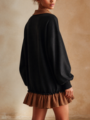 Women Color Block Polo Collar Sweatshirt Dress, Long Sleeve Oversized Ruffle Hem Mini Dress For Fall ZMZ1763H8YZH