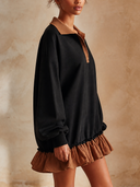 Women Color Block Polo Collar Sweatshirt Dress, Long Sleeve Oversized Ruffle Hem Mini Dress For Fall ZMZ1763H8YZH