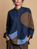 Women's Vintage Casual Long-Sleeve Cotton Shirt With Stand Collar And Color-Block Paneling ZMZ1789H9ZYY