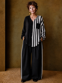 Women's Vintage-Style Casual Cotton-Linen Set: Vertical-Striped Long-Sleeve Shirt With Contrast Panels And Wide-Leg Pants With Elastic Waist ZMZ1788H2ZYY