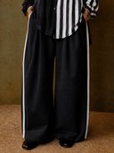 Women's Vintage-Style Casual Cotton-Linen Set: Vertical-Striped Long-Sleeve Shirt With Contrast Panels And Wide-Leg Pants With Elastic Waist ZMZ1788H2ZYY