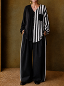 Women's Vintage-Style Casual Cotton-Linen Set: Vertical-Striped Long-Sleeve Shirt With Contrast Panels And Wide-Leg Pants With Elastic Waist ZMZ1788H2ZYY