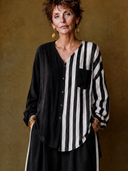 Women's Vintage-Style Casual Cotton-Linen Set: Vertical-Striped Long-Sleeve Shirt With Contrast Panels And Wide-Leg Pants With Elastic Waist ZMZ1788H2ZYY