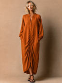 Women's Vintage-Style Elegant Casual Cotton-Linen V-Neck Long-Sleeve Loose Maxi Dress ZMZ1759H1ZYY
