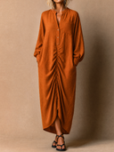 Women's Vintage-Style Elegant Casual Cotton-Linen V-Neck Long-Sleeve Loose Maxi Dress ZMZ1759H1ZYY