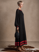 Women's Vintage-Style Elegant Loose-Fit Knit Maxi Dress With Round Neck And Lantern Sleeves ZMZ1700H1ZYY