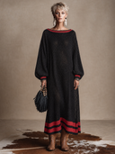 Women's Vintage-Style Elegant Loose-Fit Knit Maxi Dress With Round Neck And Lantern Sleeves ZMZ1700H1ZYY