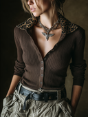Women's Retro Casual Ribbed Knit Leopard Print Cardigan ZMZ1896H0ZJY