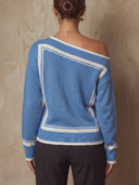 Women Off Shoulder Knit Sweater, Geometric Contrast Color Long Sleeve Loose Casual Slant Shoulder Pullover Top For Fall ZMZ1778H3YZH