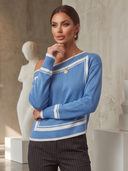 Women Off Shoulder Knit Sweater, Geometric Contrast Color Long Sleeve Loose Casual Slant Shoulder Pullover Top For Fall ZMZ1778H3YZH