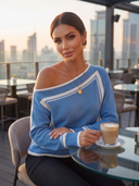 Women Off Shoulder Knit Sweater, Geometric Contrast Color Long Sleeve Loose Casual Slant Shoulder Pullover Top For Fall ZMZ1778H3YZH