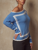 Women Off Shoulder Knit Sweater, Geometric Contrast Color Long Sleeve Loose Casual Slant Shoulder Pullover Top For Fall ZMZ1778H3YZH