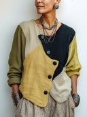 Women's Classic Autumn Color-Block Cotton-Linen Long-Sleeve Shirt ZMZ1899H4SWL
