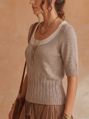 Women U‑Neck Contrast Trim Short Sleeve Knit Top, Boho Elastic Waist Slim Fit Pullover Sweater For Autumn ZMZ1746H5YZH