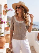 Women U‑Neck Contrast Trim Short Sleeve Knit Top, Boho Elastic Waist Slim Fit Pullover Sweater For Autumn ZMZ1746H5YZH