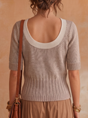 Women U‑Neck Contrast Trim Short Sleeve Knit Top, Boho Elastic Waist Slim Fit Pullover Sweater For Autumn ZMZ1746H5YZH