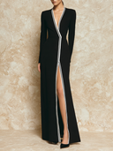 Women's Fashion Long-Sleeved V-Neck Color-Blocked Striped High-Slit Maxi Dress ZMZ1890H6XT